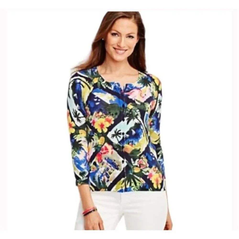 Talbots Women's Palm Trees Pineapples Floral Flamingo Cardigan cotton blend size